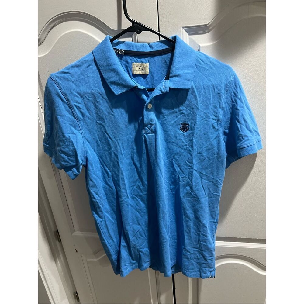 Selected Homme Polo Shirt Men’s Medium Blue Short Sleeve Cotton Crest Logo Slim